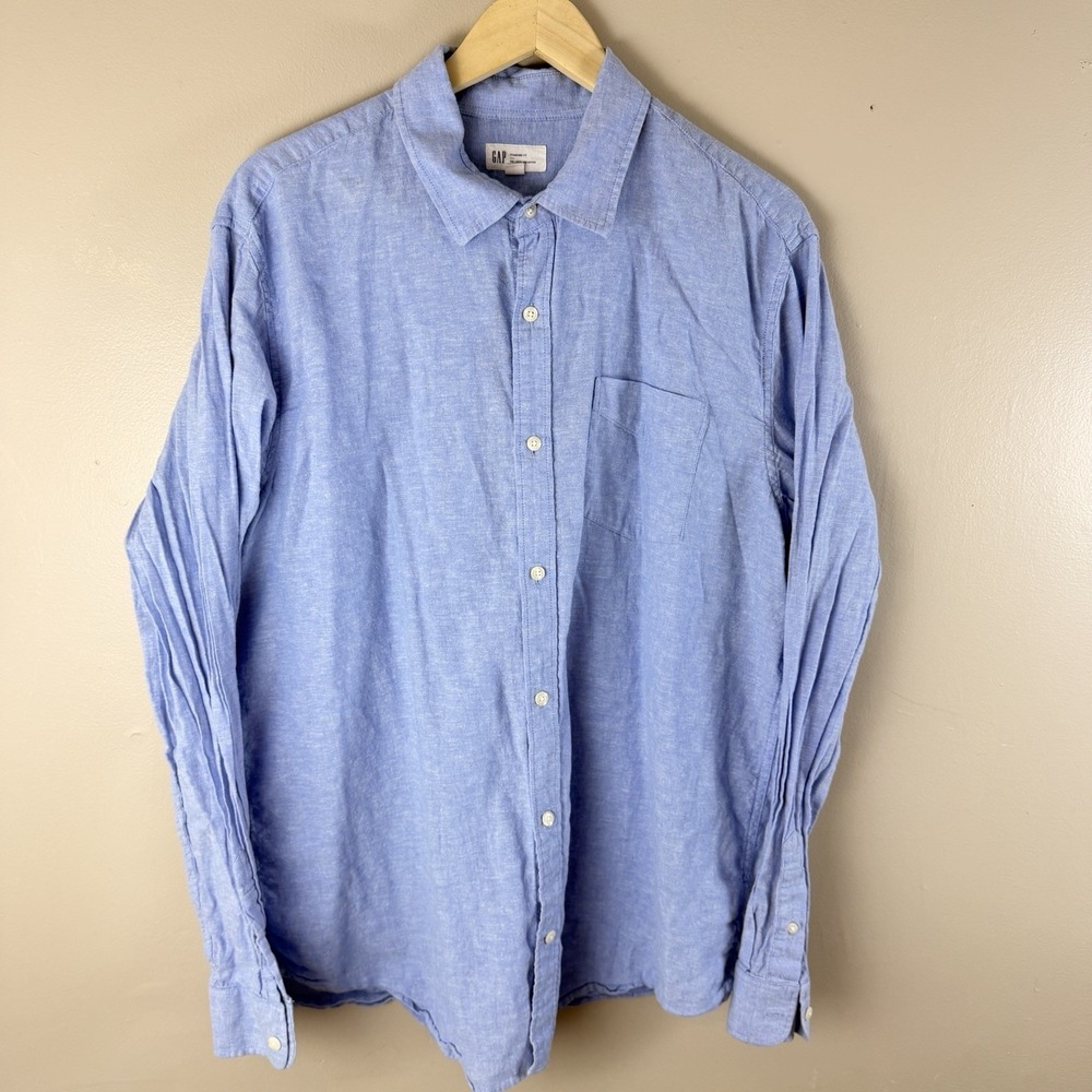 Gap Linen Cotton Shirt Mens XL Blue Button Up Long Sleeve Casual Standard Fit